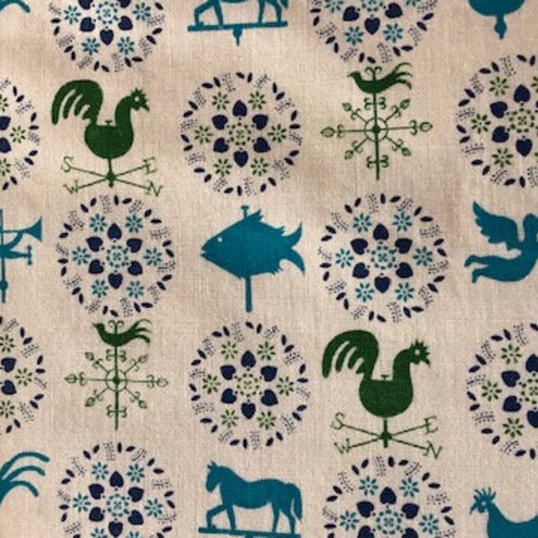 Great Kitchen Cotton Print,Cream w/Blue &Green,Weather Vanes,1960's