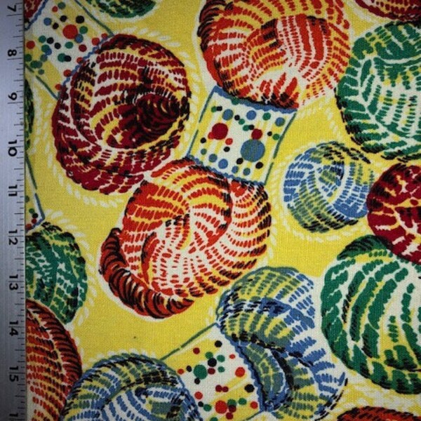 Fabulous Vintage 1940's Cotton Fabric, Yellow Background with Multicolor Skeins of Yarn