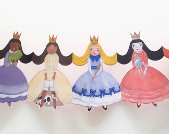 Princess Garland, Party Decoration, Paper Doll Chains, Princess Wall Hanging