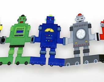 Robots Garland, Robot Party Decoration, Paper Doll Chains,  Robot Wall hanging