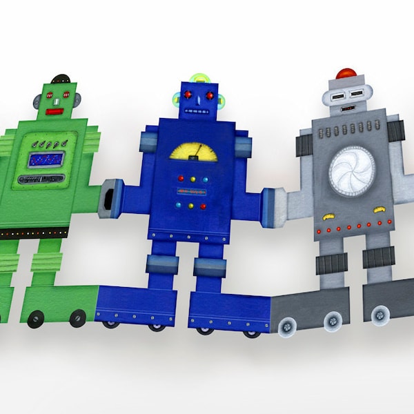 Robots Garland, Robot Party Decoration, Paper Doll Chains,  Robot Wall hanging