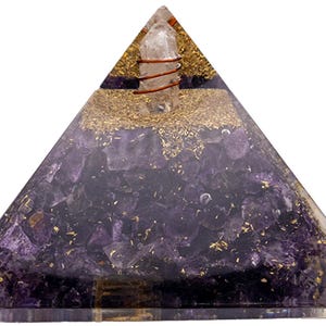 May include: A clear resin pyramid containing a base layer of deep purple amethyst stone fragments, a middle layer of gold-colored metallic flakes, and a central clear quartz point wrapped in a spiral of copper wire at the apex of the structure.
