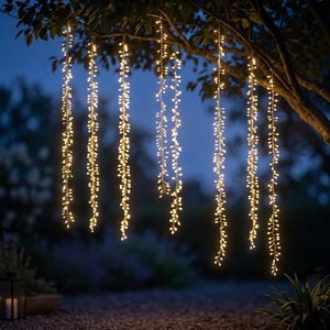 Könnte beinhalten: Mehrere Stränge warmweißer LED-Lichterketten, die vertikal von Baumzweigen herabhängen. Jede Lichterkette besteht aus zahlreichen kleinen, leuchtenden Glühbirnen in linearer Anordnung, die einen kaskadierenden Effekt vor dem dunklen Abendhimmel erzeugen.