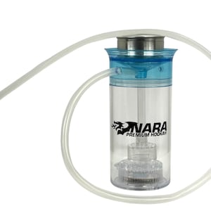 May include: A clear cylindrical hookah base with a blue top section and a metallic lid. The body features the black text NARA PREMIUM HOOKAH with a dragon logo. A long, flexible clear hose with a bright orange mouthpiece is attached to the side.
