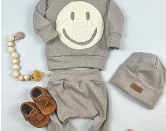 Newborn-Set, Home-Outfit, Neugeborenen Outfit, Babyoutfit,Pinguin, Jersey, Baumwollripp, Happyface