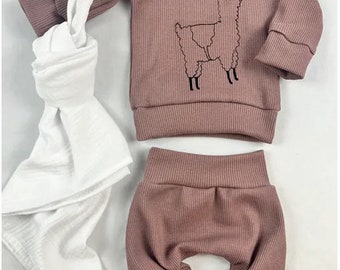 Newborn-Set, Home-Outfit, Neugeborenen Outfit, Babyoutfit,Pinguin, Jersey, Baumwollripp, Lama