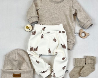 Newborn-Set, Home-Outfit, Neugeborenen Outfit, Babyoutfit,Pinguin, Jersey, Baumwollripp