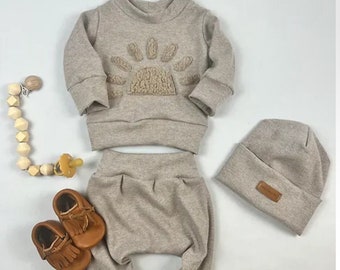 Newborn-Set, Home-Outfit, Neugeborenen Outfit, Babyoutfit,Pinguin, Jersey, Baumwollripp, Sonne