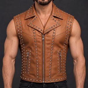 May include: A tan sleeveless waistcoat featuring a notched collar, a full-length silver-tone metal zip, and two vertical zipped pockets. The garment is decorated with rows of silver-tone metal studs along the lapels, shoulders, and front panels.