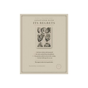 May include: A beige print featuring the text "PLATE 6 THE HUMAN HEART ANNOTATED WITH ITS REGRETS" above a central black and white anatomical illustration of hearts. Below are four numbered points and the text "The organ is otherwise in good order."