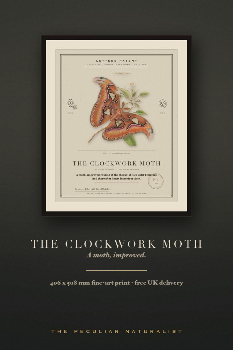 Pode incluir: Uma impress&atilde;o art&iacute;stica emoldurada intitulada The Clockwork Moth, apresentando uma ilustra&ccedil;&atilde;o detalhada de uma grande mariposa laranja e marrom sobre uma planta verde. A impress&atilde;o inclui diagramas t&eacute;cnicos, texto de patente e um fundo creme.