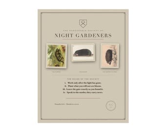 Impressão "Jardineiros Noturnos", Arte da Floresta com Texugo, Toupeira e Ouriço, Pôster Campestre Caprichoso