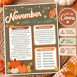 November Preschool Newsletter Template | Editable Canva Fall Parent Communication