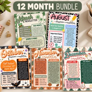 May include: A 12 month bundle of classroom newsletters featuring five distinct monthly templates for March, August, October, November, and December. Each page includes seasonal graphics, event calendars, and text sections for school updates.