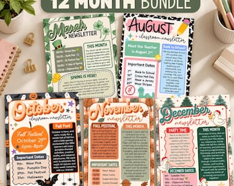 Editable Newsletter Bundle | 12 Month Classroom Preschool Updates (Canva Template)