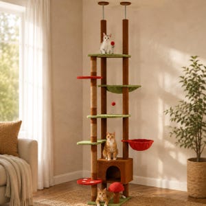 May include: A floor-to-ceiling cat tree featuring brown carpeted posts, green platforms, and red accents. The structure includes a square cubby, multiple levels, hanging red ball toys, and a red bowl-shaped bed. Three cats are positioned on the tree.