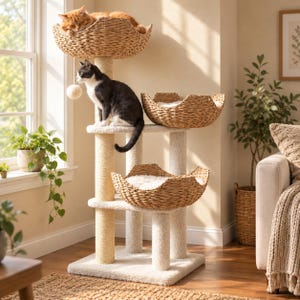 May include: A multi-level cat tree featuring three woven seagrass basket beds with white plush cushions, supported by vertical posts wrapped in sisal rope and soft cream-colored fabric, with a hanging toy ball attached to the top level.