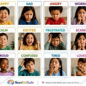 May include: A grid of twelve square panels featuring children displaying various emotions, each labeled with text including Happy, Sad, Angry, Worried, Calm, Excited, Frustrated, Scared, Proud, Confused, Tired, and Loved, with the NeuroKidsStudio logo below.