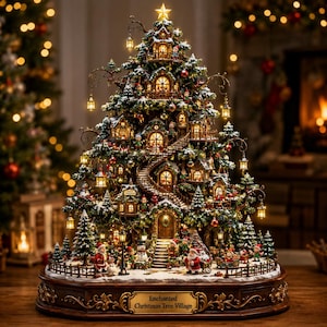 Enchanted Christmas Tree Village Decor, North Pole Elf Treehouse, Lighted Holiday Village Display, Festive Winter Tabletop Christmas Gift