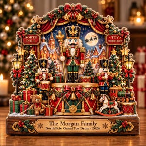 Puede incluir: Un expositor decorativo de madera con tres figuras de cascanueces, un osito de peluche y un caballito balancín. La escena incluye un tambor central grande, árboles de Navidad y letreros que dicen North Pole y Toy Workshop. La base tiene grabado The Morgan Family, North Pole Grand Toy Drum, 2026.