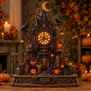 May include: A decorative Raven Moon Clocktower sculpture featuring a central illuminated clock face, a crescent moon topper, black ravens, hanging lanterns, and carved pumpkins. The base displays the text Raven Moon Clocktower in gold lettering.