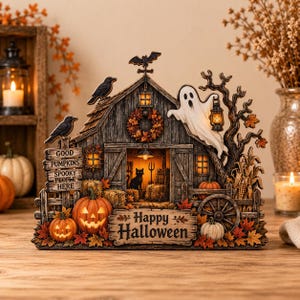 Puede incluir: Una escena decorativa de granero de Halloween con un fantasma blanco, un gato negro, cuervos y calabazas. La estructura incluye letreros que dicen "GOOD PUMPKINS SPOOKY PEOPLE HERE" y "Happy Halloween", iluminados por luces cálidas.