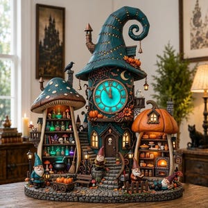Puede incluir: Una escultura decorativa de mesa con una torre de reloj alta de color verde azulado con una esfera azul brillante, flanqueada por dos estructuras en forma de seta. Un lado muestra estantes con pociones brillantes y el otro una panadería.
