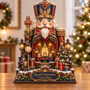 Può includere: Una statuetta decorativa a forma di schiaccianoci con una grande figura centrale coronata, posizionata sopra un palcoscenico con tre coristi. La base riporta la scritta Royal Nutcracker Carol Hall, affiancata da un piccolo tamburino e un albero.