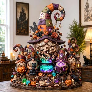 May include: A decorative Halloween figurine featuring a large central gnome wearing a tall patchwork hat, surrounded by four smaller gnomes. The scene includes a glowing cauldron, pumpkins, books, a black cat, and various mystical items.