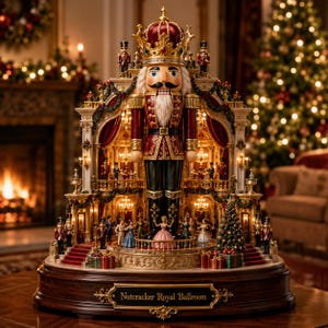 May include: A large, illuminated Nutcracker Royal Ballroom display featuring a central nutcracker figure wearing a gold crown and red uniform. The structure includes multiple levels with miniature figures, chandeliers, and a plaque reading Nutcracker Royal Ballroom on a dark wooden base.