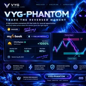 May include: A digital promotional graphic for VYG-Phantom trading software featuring a hooded figure in a blue and purple nebula background. The layout displays performance metrics, a candlestick chart, and text including VYG-Phantom, Trade the Reversed Moment, and MT5 Expert Advisor.