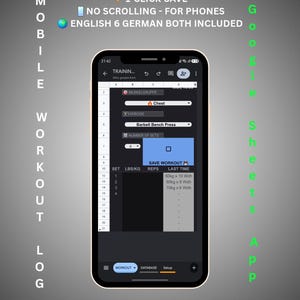 Mobile Workout Tracker Google Sheets | Smartphone Gym Log Book | Digital Fitness Tracker App Style | Dark Mode Workout Log Template EN DE