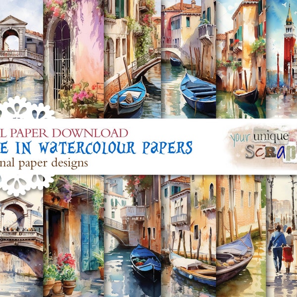 Venise à l'aquarelle - 16 papiers numériques - Papier de journal numérique - téléchargement numérique - Scrapbook numérique - Papier d'artisanat imprimable