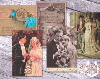 Wedding postcards - 8 vintage themed -  Scrapbooking journal Paper - digital download - Digital Scrapbook - Printable Craft paper