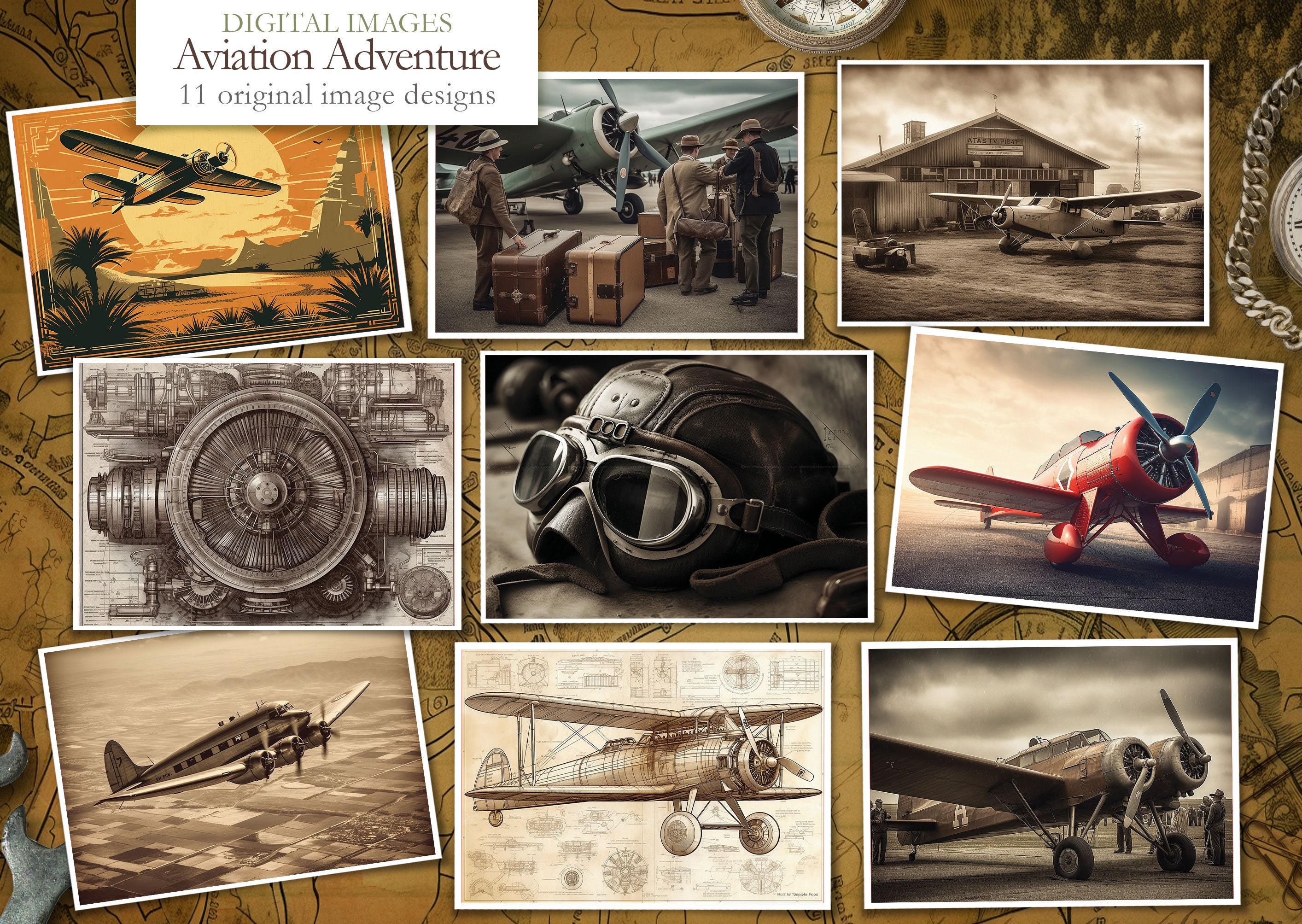 Aviation Adventure - 11 themed Images - Clip art images - digital download Images - Digital Scrapbook - Journal paper - Aeroplanes - Flight