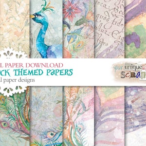 Paon - 8 papiers numériques - papier numérique pour scrapbooking - téléchargement numérique - papier artisanal imprimable - journalisation indésirable