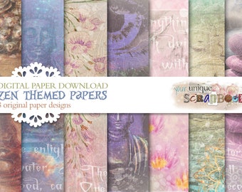 Zen themed - 8 digital paper -  Scrapbooking journal Paper - digital download - Printable Craft paper - Junk Journal
