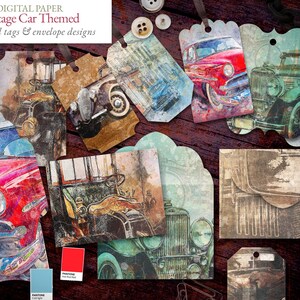 Etichette regalo e buste a tema auto d&#39;epoca - 48 etichette regalo e 6 buste - Carta per diario scrapbooking - download digitale - Carta digitale