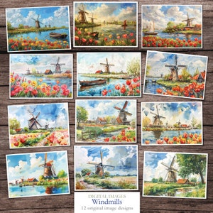 May include: Twelve watercolor paintings of windmills in a Dutch landscape. Each painting features a windmill with a blue sky and white clouds. The windmills are surrounded by green fields, canals, and red tulips.