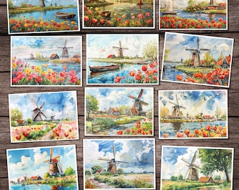 12 Windmills - Holland - Tulips - digital images - Clip art - Scrapbooking Paper - digital download - Digital Scrapbook - Netherlands