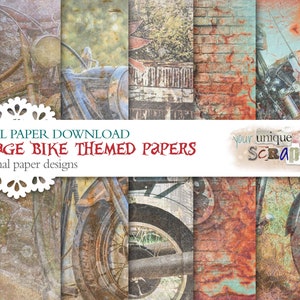 Vintage Bike - 12 themed digital paper downloads - Rustic grunge theme - Scrapbooking journal Paper - Printable Craft paper