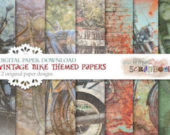 Vintage Bike - 12 themed digital paper downloads - Rustic grunge theme - Scrapbooking journal Paper - Printable Craft paper