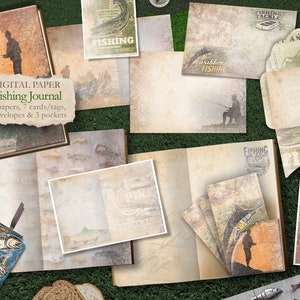 Journal de pêche - 14 papiers, 7 cartes/étiquettes, 3 enveloppes et pochettes - look vintage - téléchargement numérique - scrapbooking numérique - papier numérique