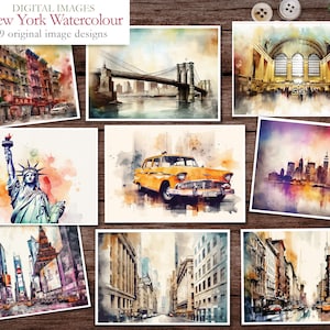 Acuarela de Nueva York - 9 imágenes temáticas - Imágenes prediseñadas - Descarga digital Imágenes - Álbum de recortes digital - Ilustración en acuarela