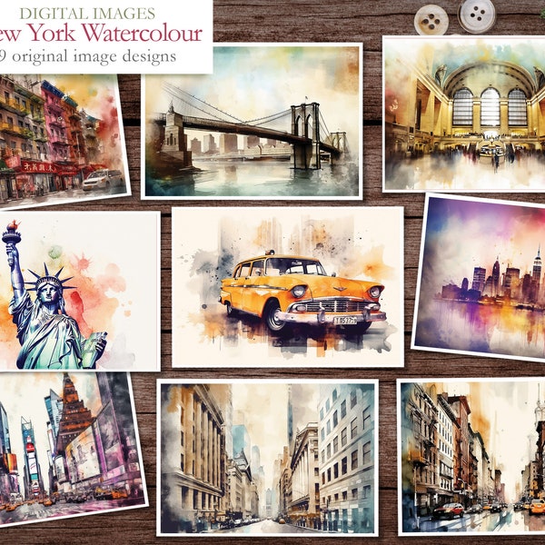 New York Watercolour - 9 themed Images - Clip art images - digital download Images - Digital Scrapbook - Watercolour illustration