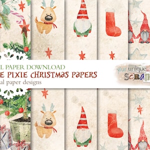 May include: Digital paper download featuring eight original Christmas-themed designs. The designs include gnomes, reindeer, stars, and Christmas stockings. The color palette includes red, green, and beige. The text reads "Gnome Pixie Christmas Papers".