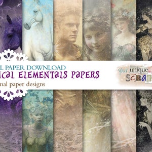 Może przedstawiać: Cyfrowe pobieranie papieru z 12 oryginalnymi wzorami papieru z elementami mistycznymi. Projekty obejmują jednorożce, portrety i eteryczne postacie. Paleta kolorów obejmuje odcienie fioletu, niebieskiego i beżu.
