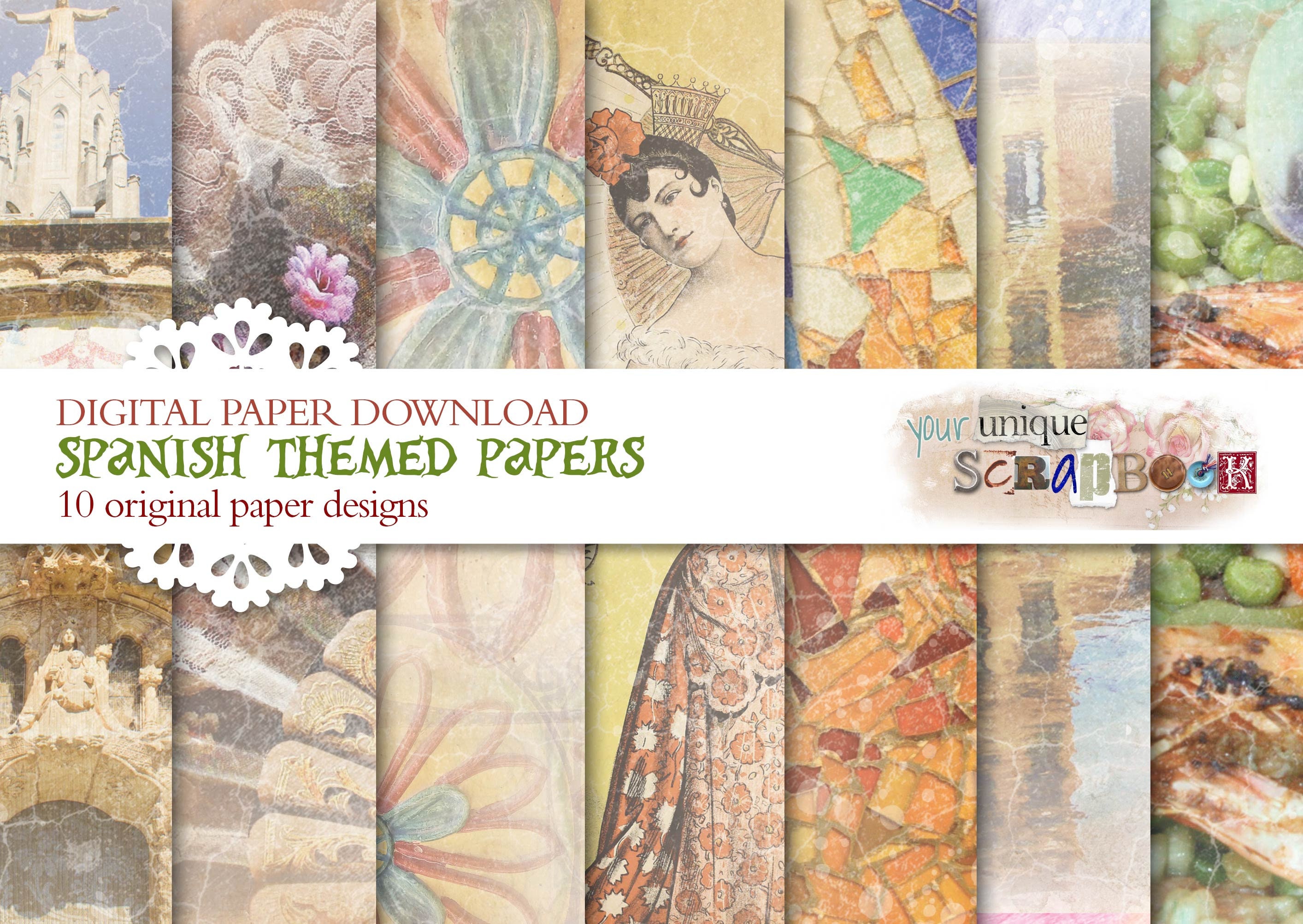 Spanish themed - 10 digital papers -  Scrapbooking journal Paper - digital download - Digital Scrapbook - Printable Craft paper