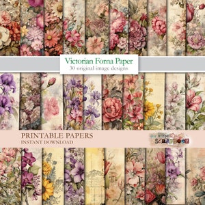 Puede incluir: Una descarga digital de 30 papeles con patrones florales imprimibles en estilo victoriano. Los papeles presentan una variedad de flores en tonos de rosa, morado y amarillo, con una estética vintage. El texto "Victorian Forna Paper" y "Printable Papers Instant Download" está incluido en la imagen.