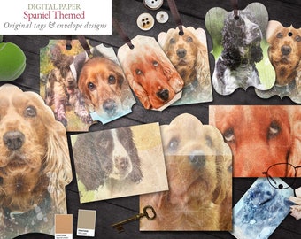 Spaniel themed gift tags and envelopes - 48 Tags and 6 envelopes - Scrapbooking journal Paper - digital download-Digital Scrapbook